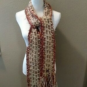 Hand Crafted Soft Knit Scarf Wrap Rust And Cream Fringe Bottom Fall Winter New